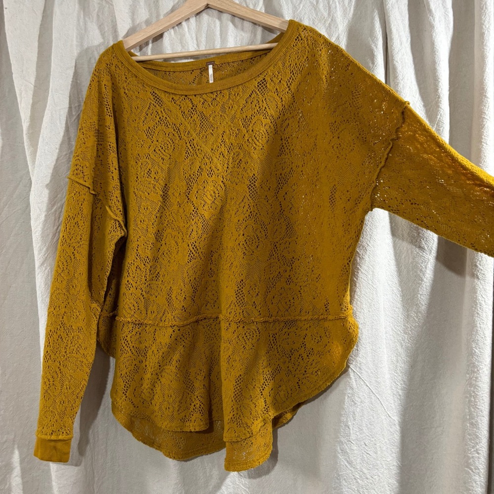 Free People Mustard Yellow Lace Knit Crochet Sweater Boho Slouchy‎ Pullover Top